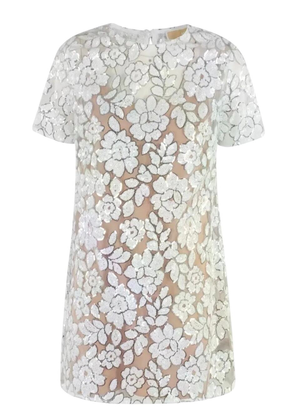 Michael Michael Kors Sequined Floral Mesh T-Shirt Dress - White - Medium - NWT